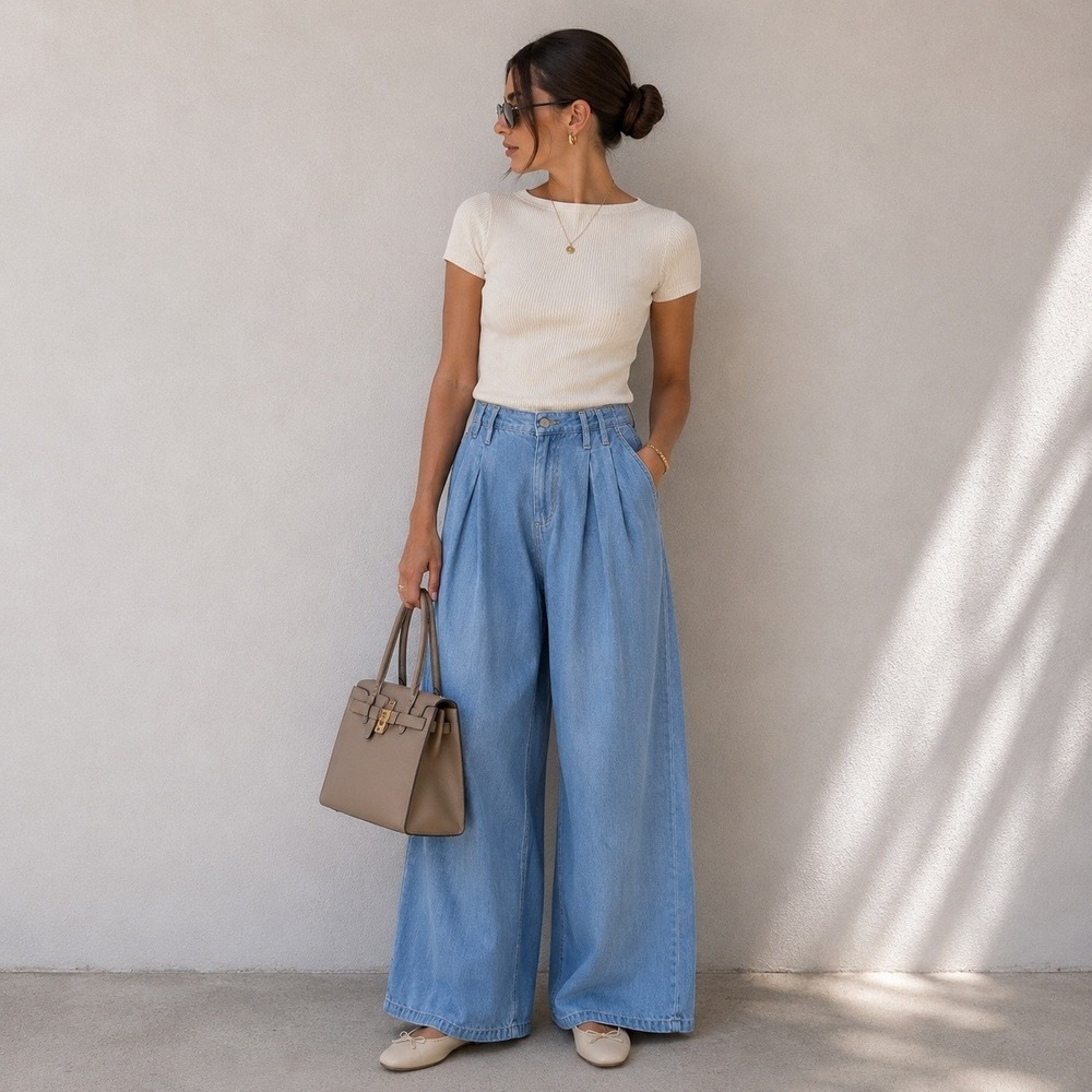 Chambray Wide Leg Jeans Womens 2 Blue Pleated Paperbag Waist Trousers Boho Chic - Picture 11 of 12
